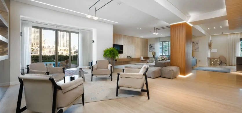 Spacious modern townhouse living area with seating