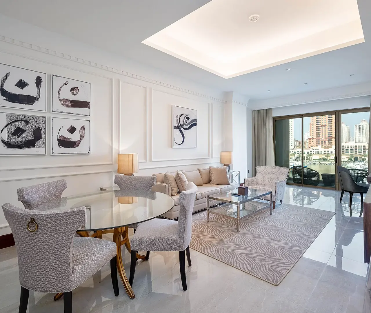 Spacious living room with marina view balcony