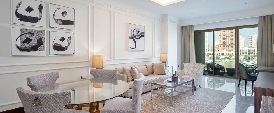 Spacious living room with marina view balcony