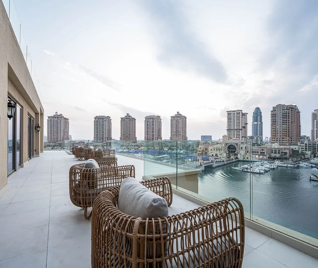 Marina boats and buildings from patio view