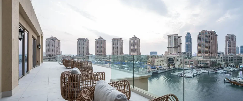 Marina boats and buildings from patio view