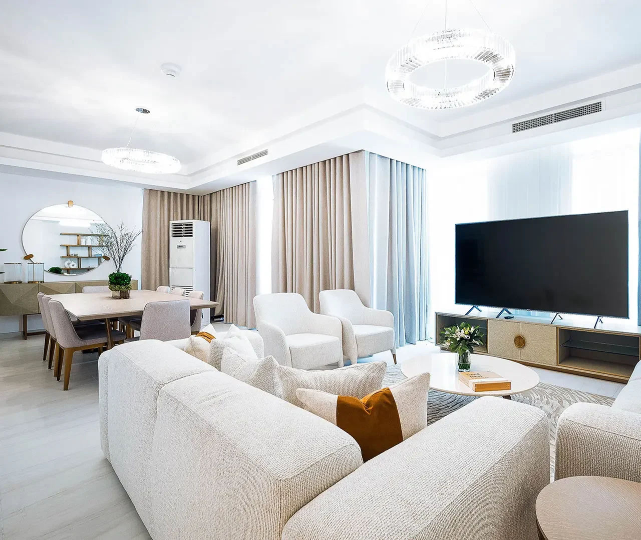 Comfortable sofas near TV and dining set