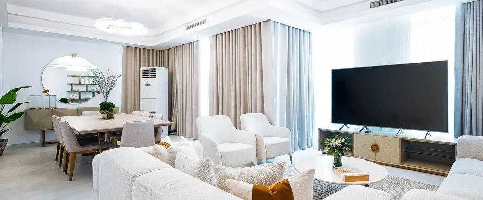 Comfortable sofas near TV and dining set