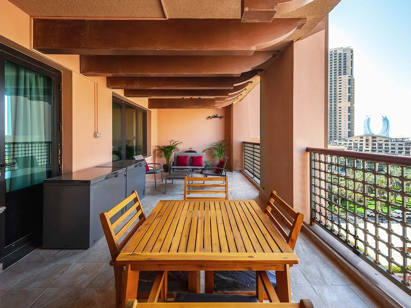 Illuminated Doha skyline reflected on water