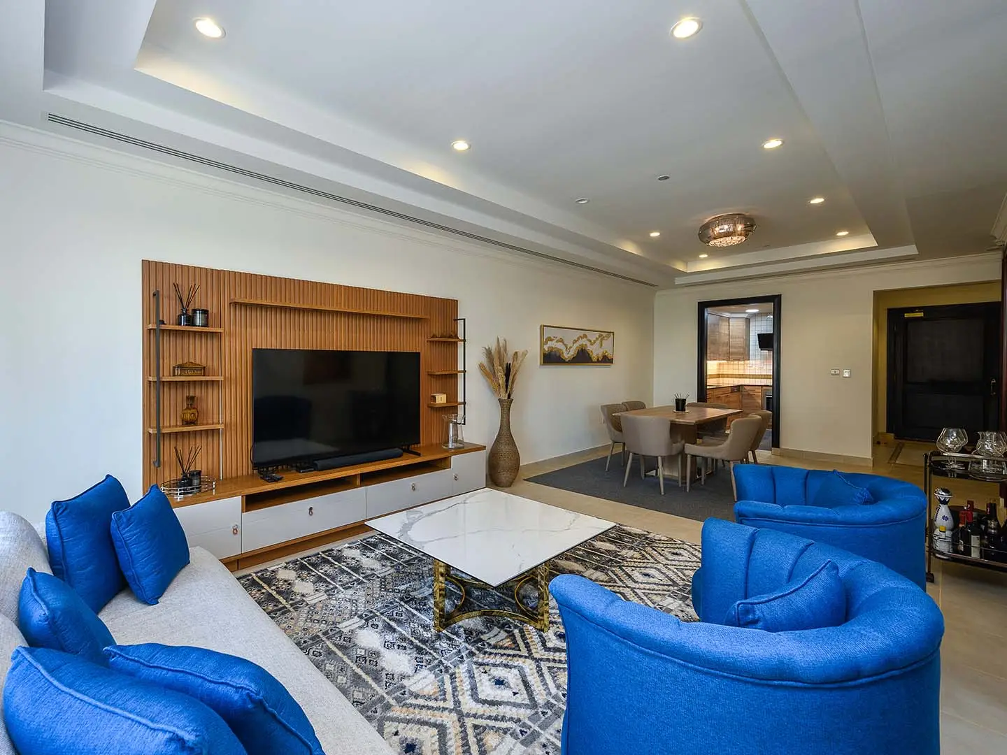 Cozy living room with blue armchairs