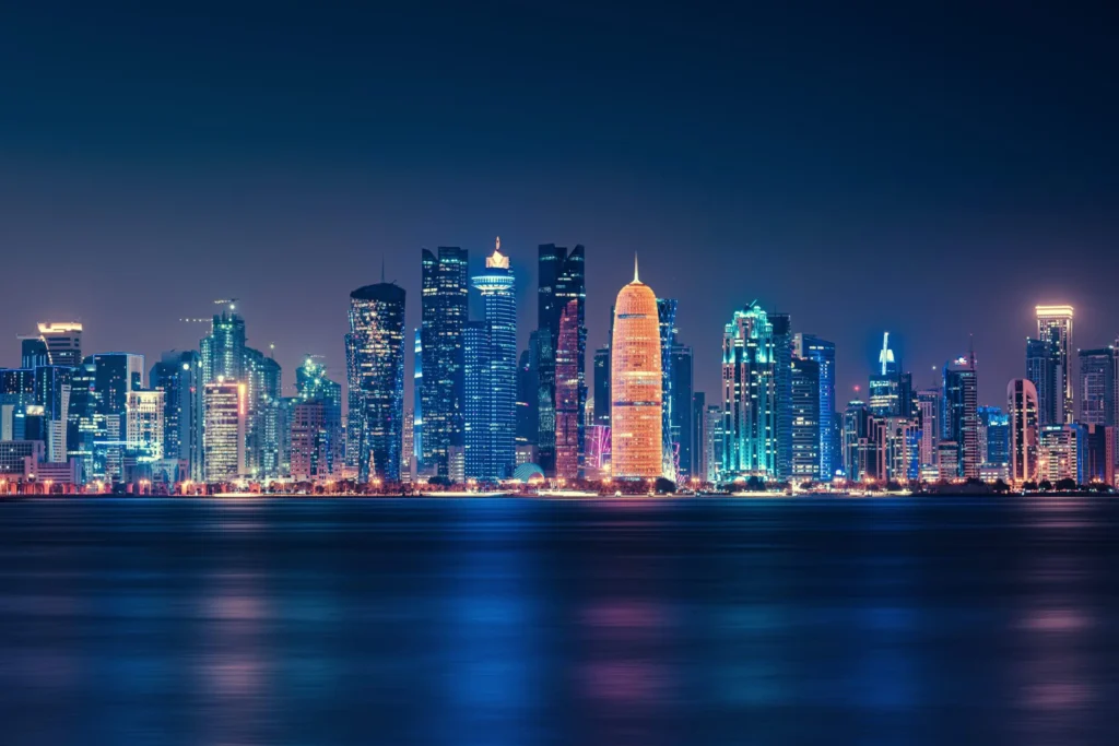 Doha skyline at night with lights