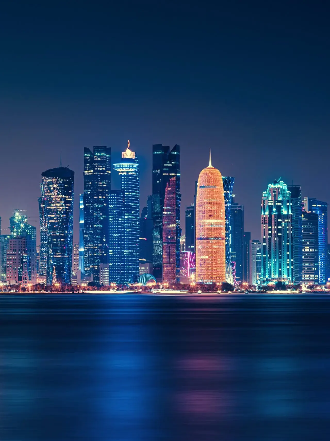 Doha skyline at night with lights