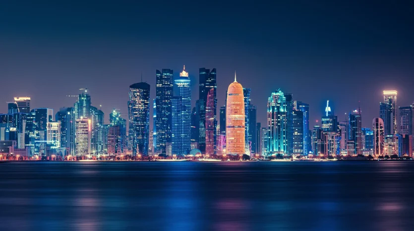Doha skyline at night with lights
