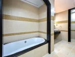 Tiled bathroom with tub and lighting