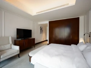 Bedroom with TV, armchair, and wooden closet
