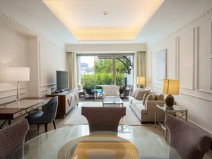 Living room with blue and beige tones